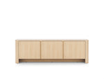 Light oak TV cabinet front with three panel doors