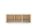 Light oak TV cabinet open interior showing three compartments