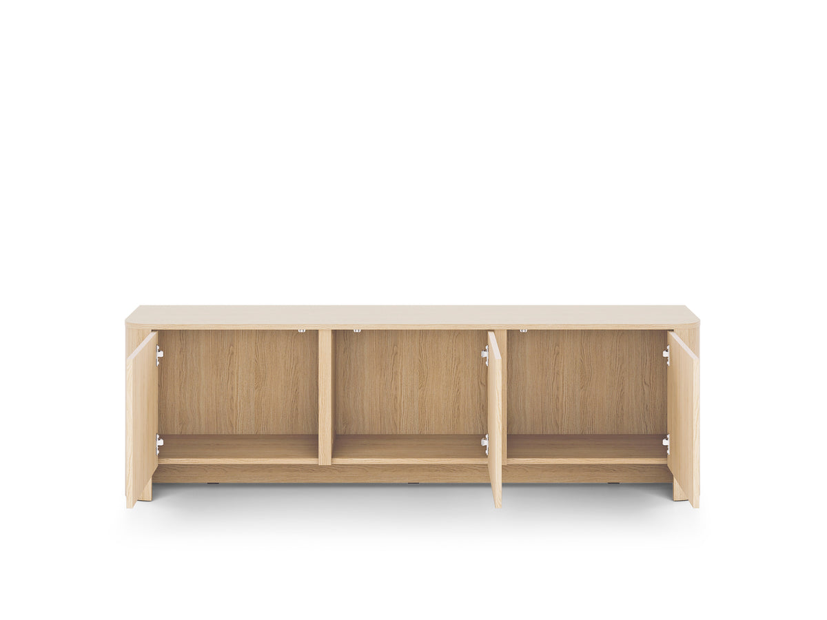 Light oak TV cabinet open interior showing three compartments