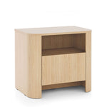 Light oak bedside cabinet with open shelf and closed lower compartment