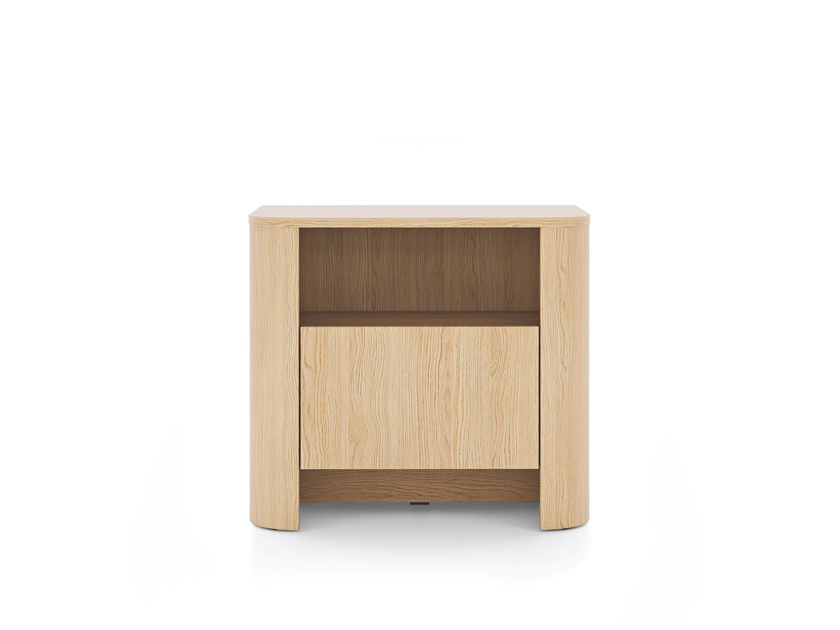Light oak bedside cabinet with drawer and open upper shelf