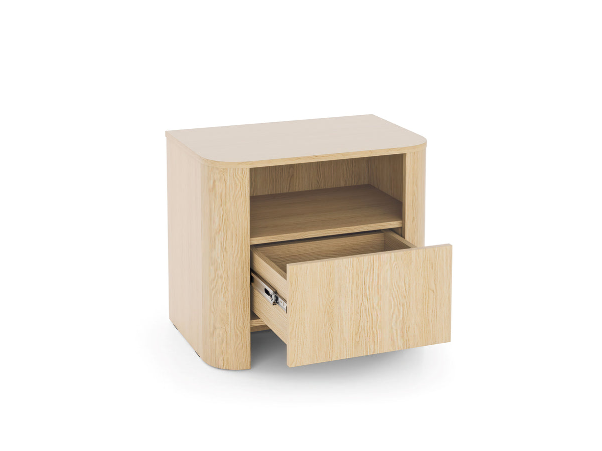 Light oak bedside cabinet with drawer pulled out to reveal storage