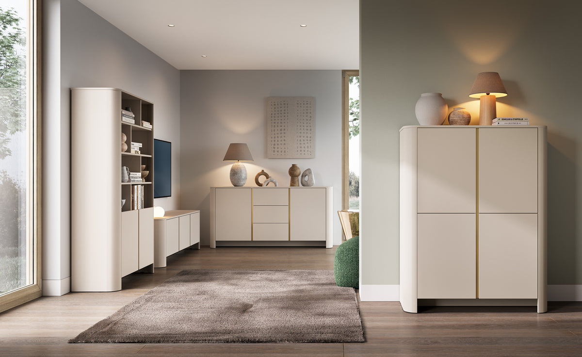 Cashmere TV cabinet with side shelving and two-door base