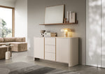 Cashmere sideboard with two doors and stacked drawers, smooth fronts and metal pulls