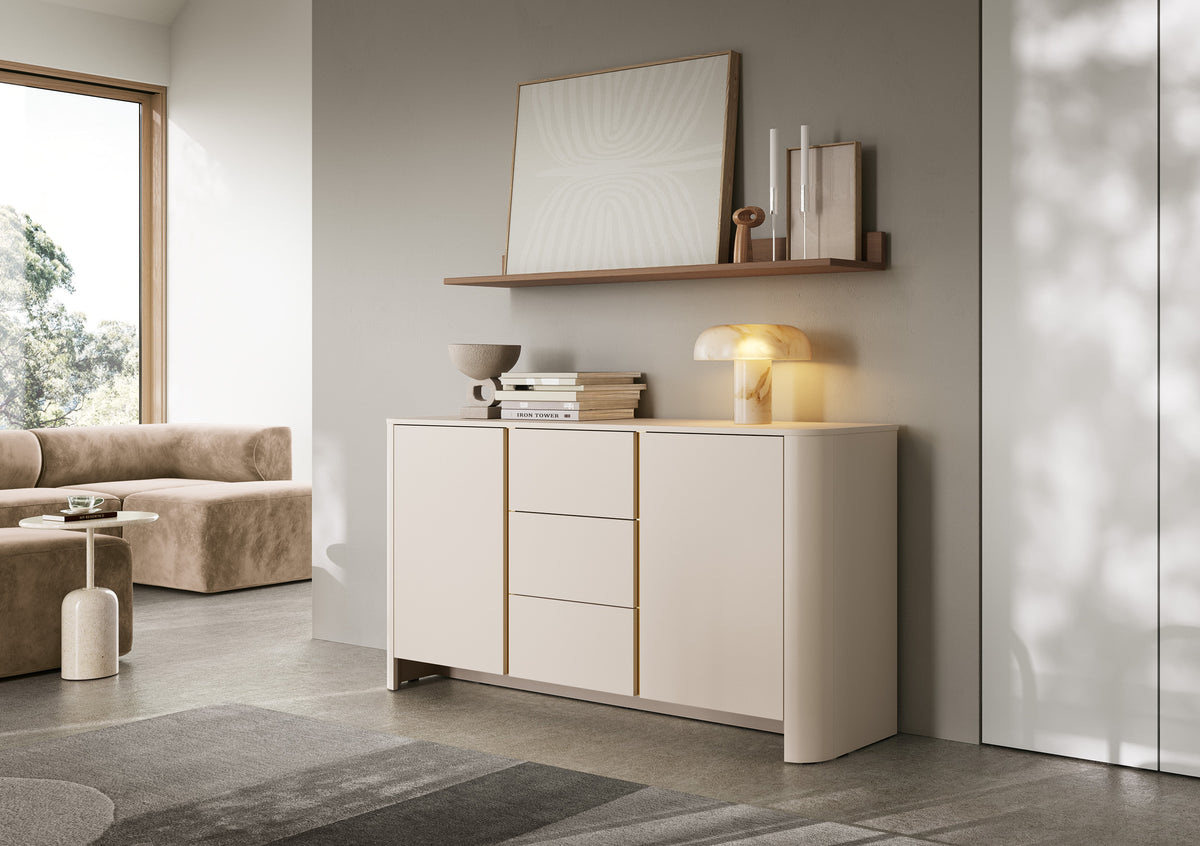 Cashmere sideboard with two doors and stacked drawers, smooth fronts and metal pulls