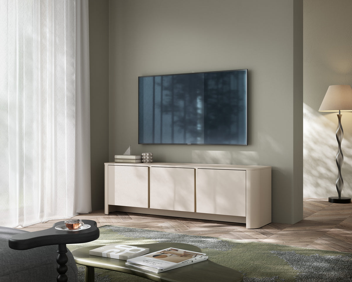 Cashmere TV cabinet with three front doors and central media shelf