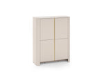 White highboard with gold vertical divider and two pairs of panel doors on tapered legs