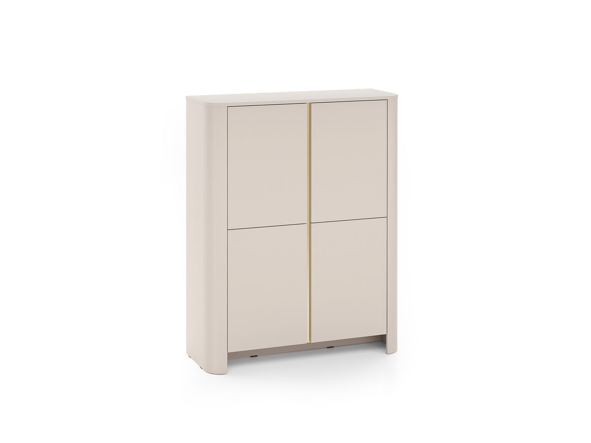 White highboard with gold vertical divider and two pairs of panel doors on tapered legs