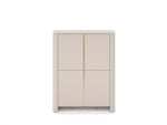 White highboard cabinet with gold vertical trim and four-panel door layout on legs