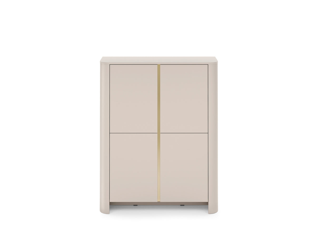 White highboard cabinet with gold vertical trim and four-panel door layout on legs