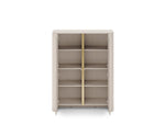 Open white highboard interior with two side compartments and multiple shelves