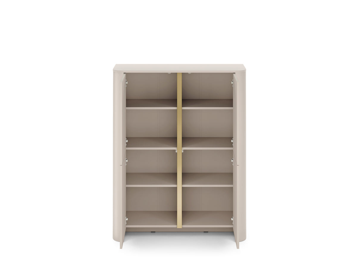 Open white highboard interior with two side compartments and multiple shelves