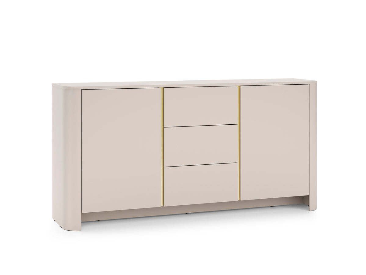 Cashmere sideboard with two doors and two drawers, gold trim on drawer frame