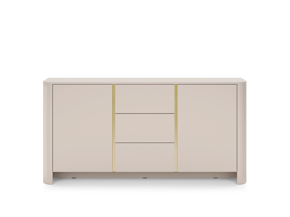 Cashmere sideboard with two doors and two drawers, gold side trim and center drawer