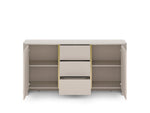 Cashmere sideboard with two open doors and central drawer, interior shelves visible