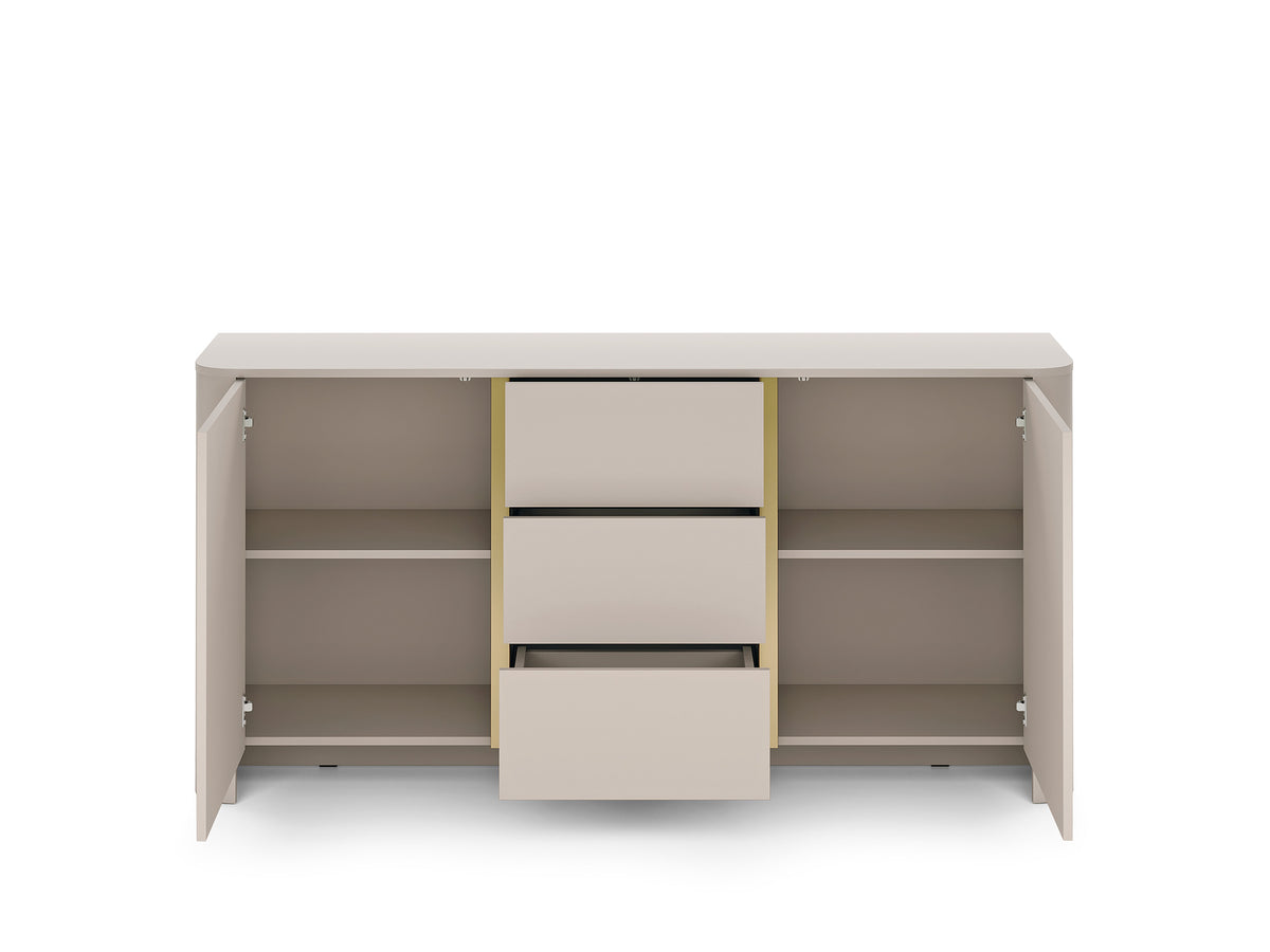 Cashmere sideboard with two open doors and central drawer, interior shelves visible