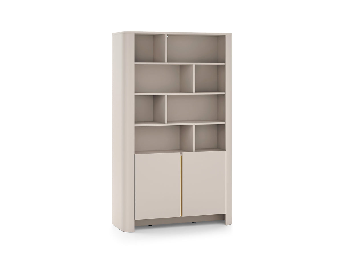 Gray bookcase with open shelves and two lower cabinet doors.