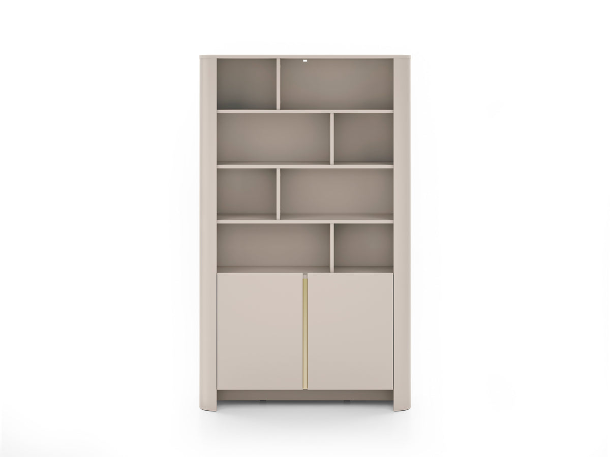 Gray bookcase with open cubby shelves and two panel doors.