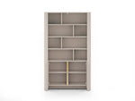 Gray bookcase with open shelves and lower doors swung open.
