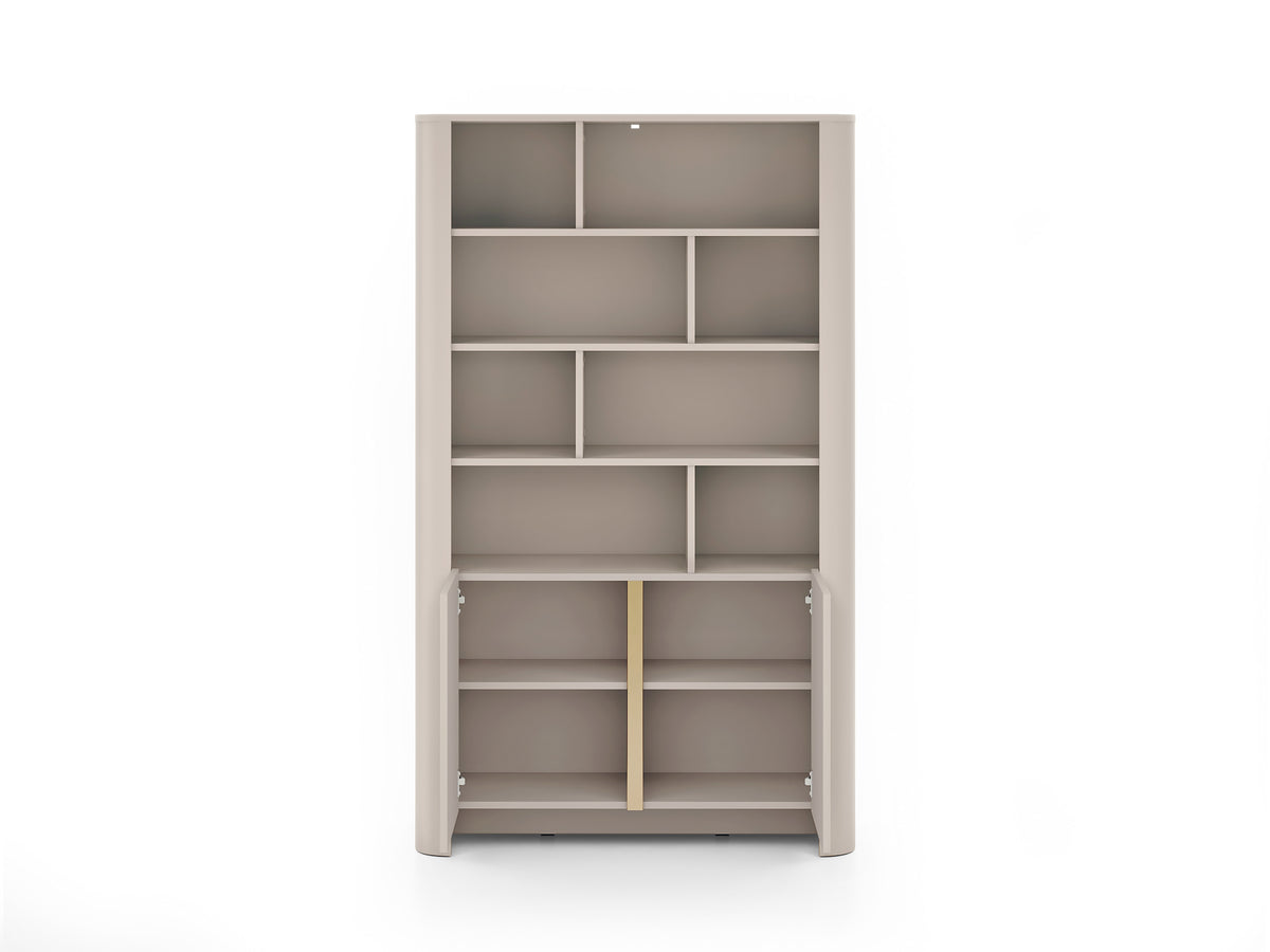 Gray bookcase with open shelves and lower doors swung open.