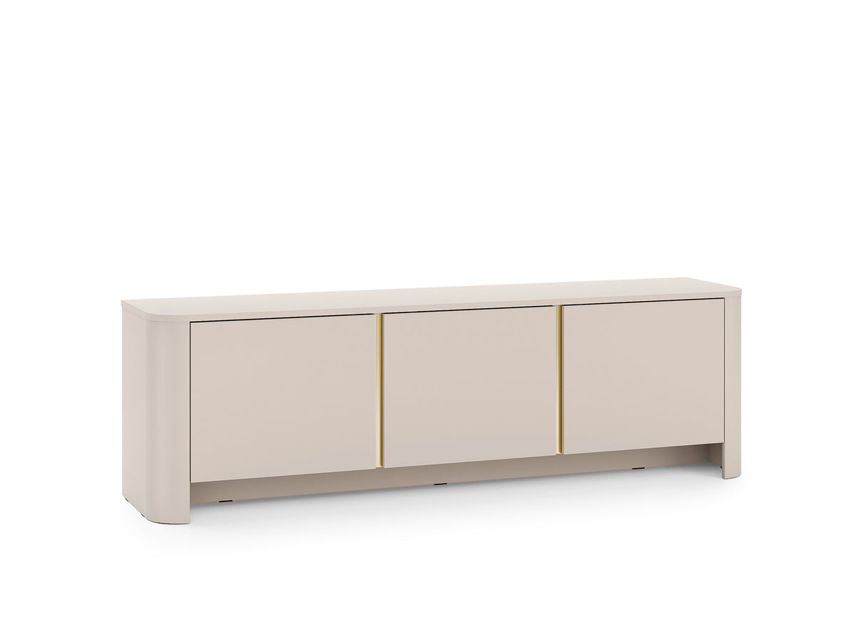 Cashmere TV cabinet with three front doors and gold-toned trim