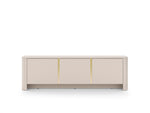 Cashmere TV cabinet front with three panel doors and slim gold trim