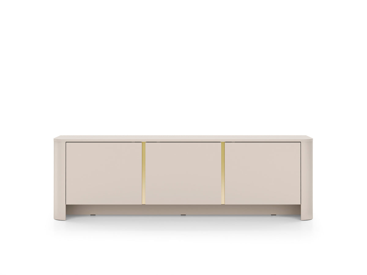 Cashmere TV cabinet front with three panel doors and slim gold trim