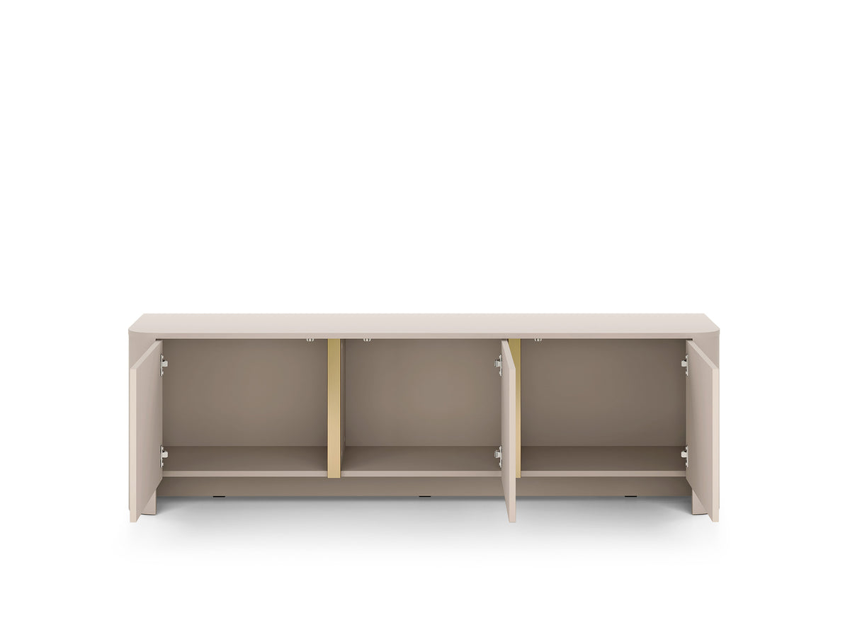 Cashmere TV cabinet interior with three open compartments