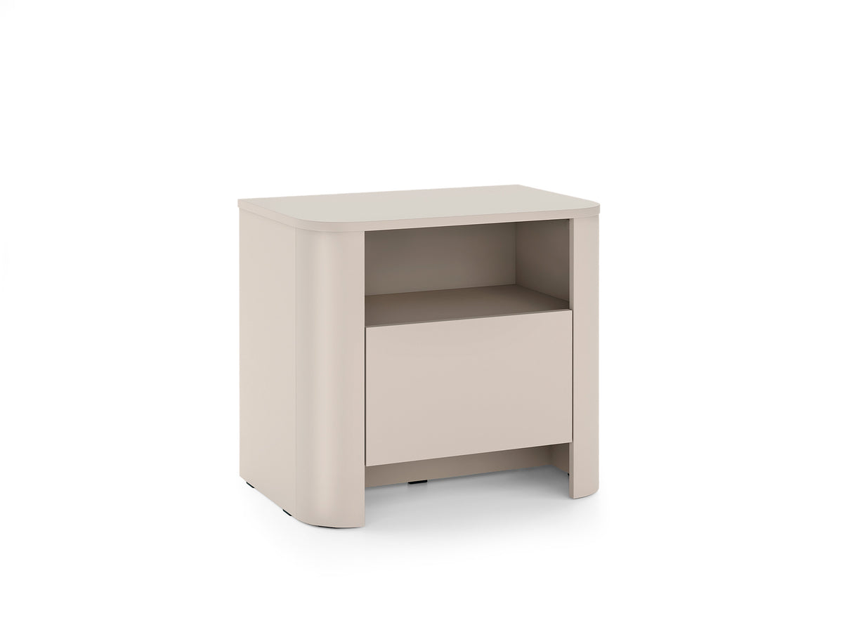 Cashmere bedside cabinet with open upper shelf and closed lower compartment
