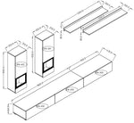 TV wall unit technical diagram with tall cabinets and long console, with dimensions
