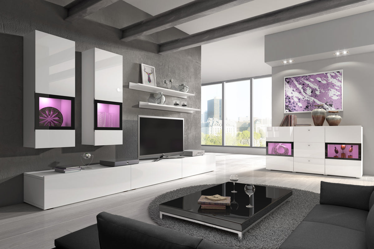White glossy TV wall unit with TV niche and side display cabinets with glass panels
