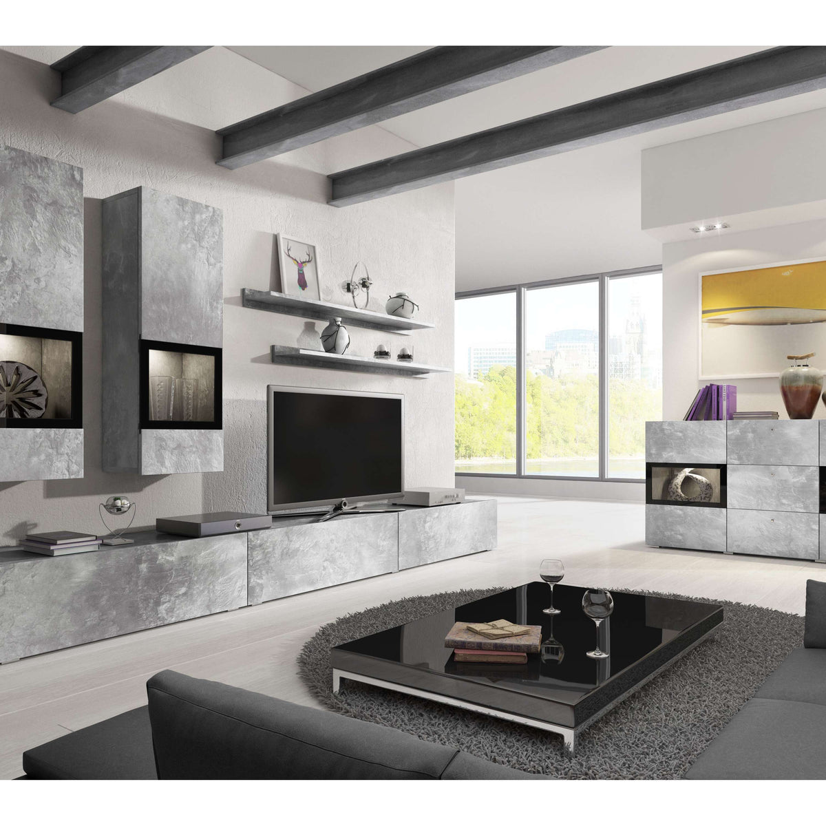 Concrete grey TV wall unit with TV niche, floating shelves, and side display cabinets
