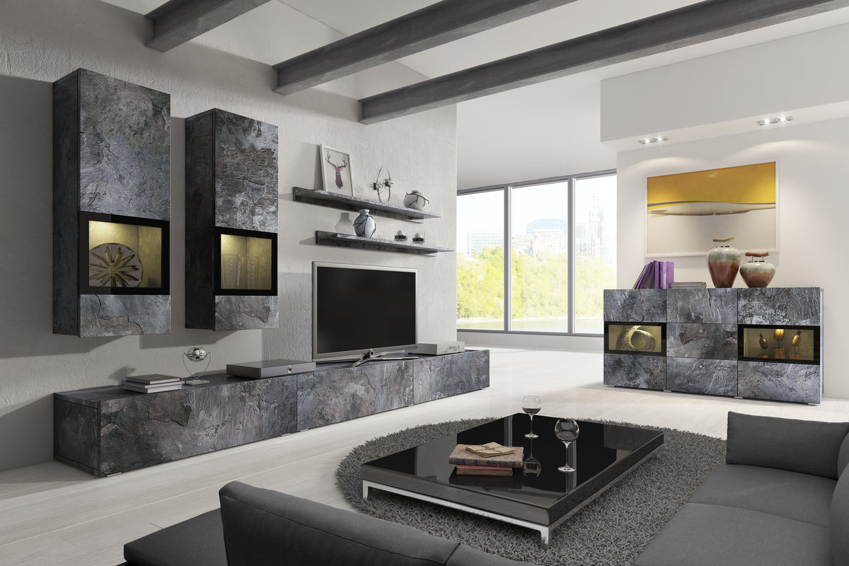 Dark concrete TV wall unit with TV niche, floating shelves, and two display cabinets