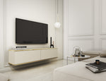 Beige TV cabinet with ribbed double doors and gold trim, low console