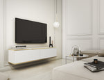 White two-door TV cabinet with gold trim, holding a flat-screen TV