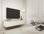 White TV cabinet with ribbed double doors and gold trim, low console