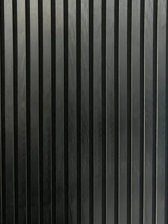 Close-up black acoustic wall panel with vertical ribbed slats and narrow gaps