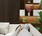 Walnut acoustic wall panel with vertical slats on wall