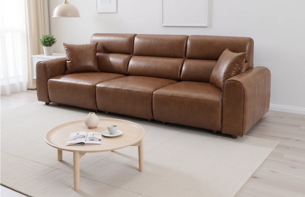 3-seat electric sofa in warm brown with deep seats and padded side armrests