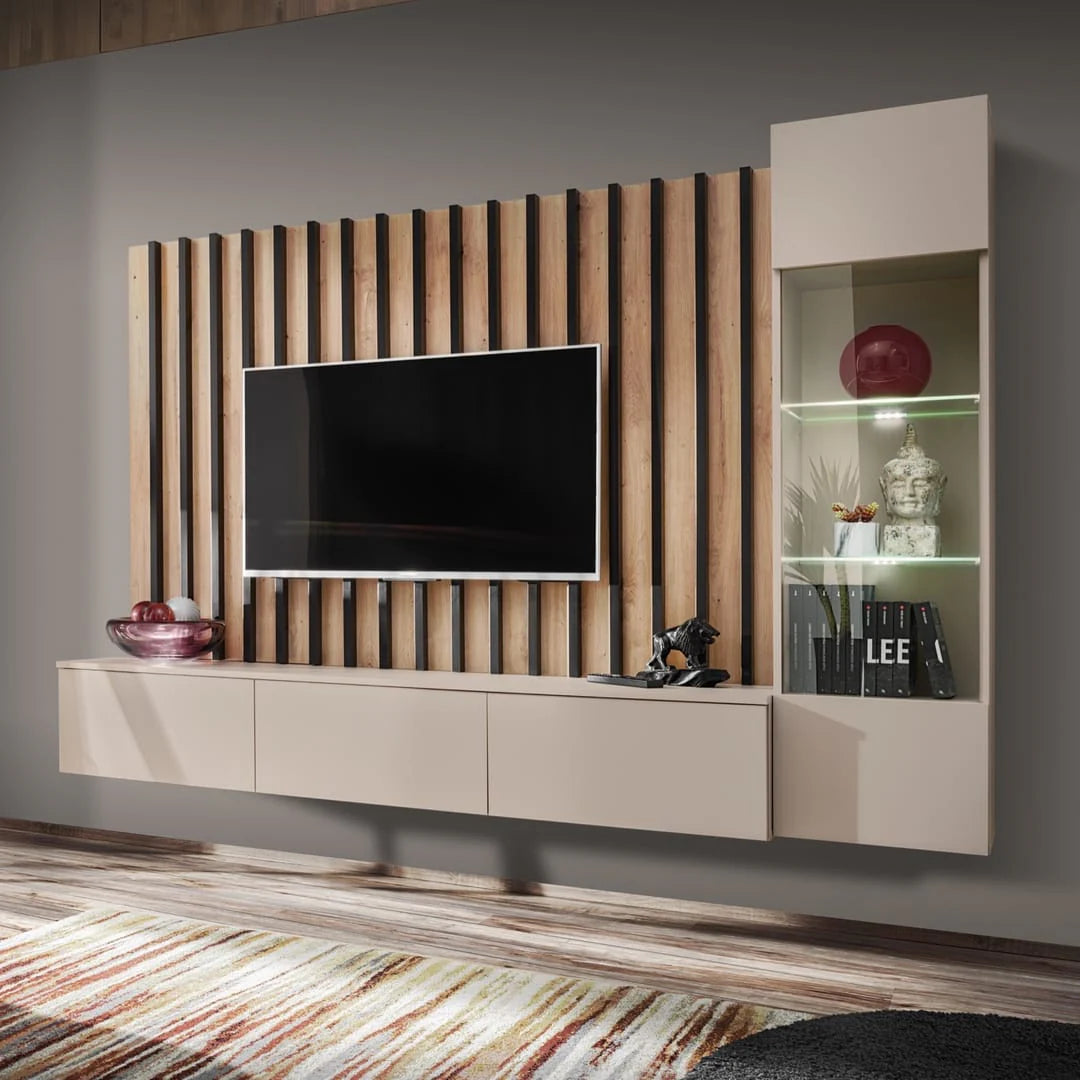 Quentin Media Wall Unit with Slats and Glass Cabinets W220cm