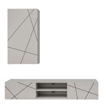 White TV console with open center shelf and black diagonal line door fronts