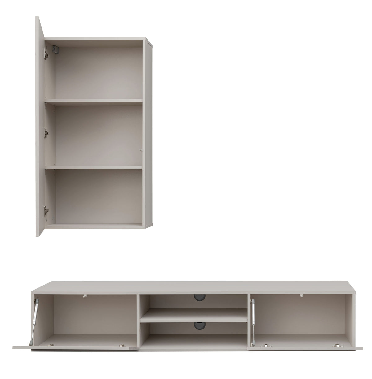 White wall unit with open compartment shelves and concealed hinge hardware