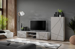 White media wall set with TV console, cabinet doors, and black diagonal line pattern