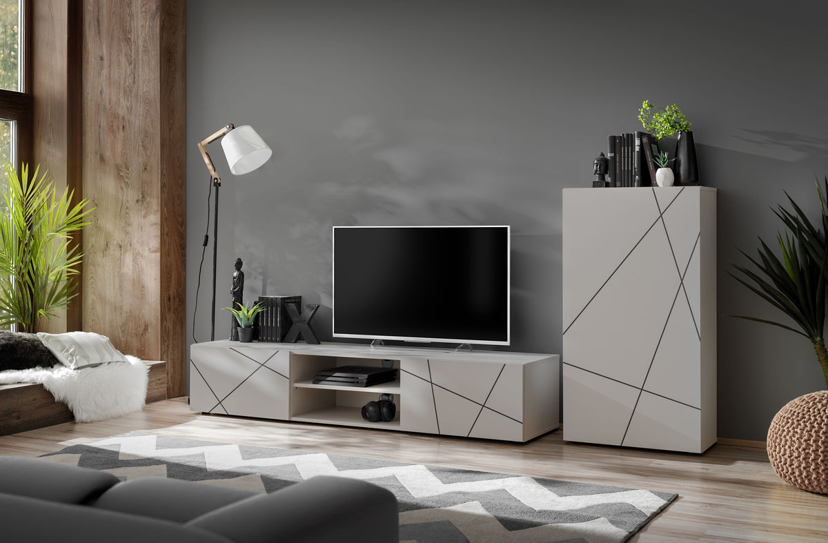 White media wall set with TV console, cabinet doors, and black diagonal line pattern