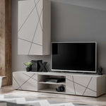 White entertainment unit with tall cabinet, TV console, and black diagonal accent lines