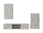Media wall unit panel detail with geometric line design; cabinet door and console front