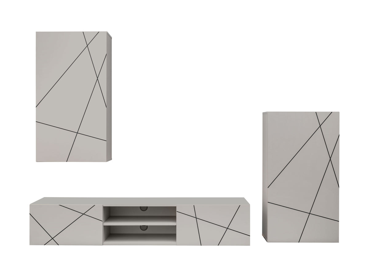 Media wall unit panel detail with geometric line design; cabinet door and console front