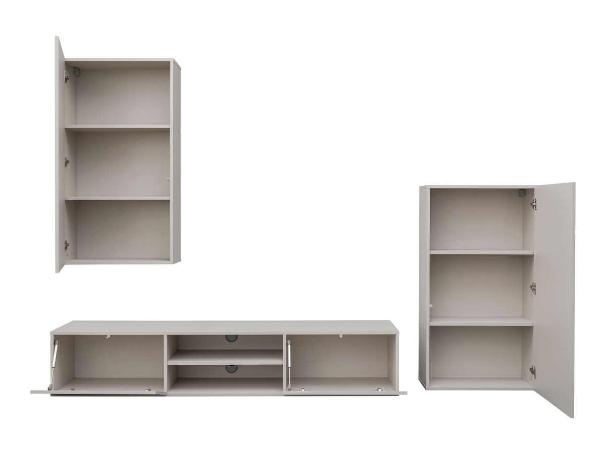 Media wall unit with open shelves, central drawer, and side cabinet doors; white finish