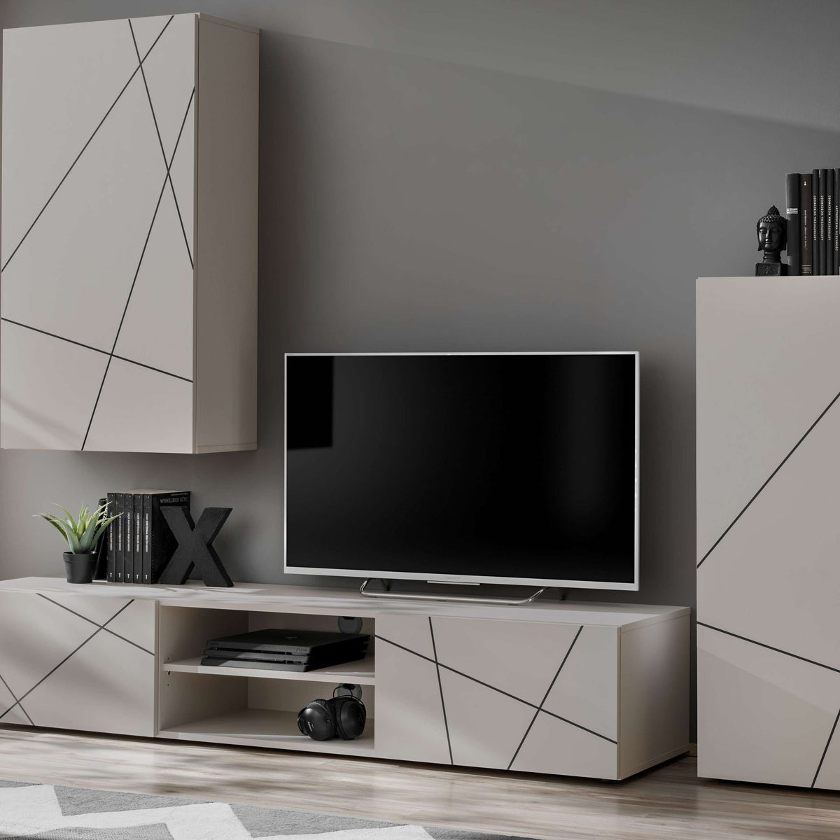 Media wall unit with TV console, drawers, and cabinets; white with black geometric lines