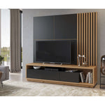 Black wall TV unit with vertical wood slats, TV niche, and storage drawers